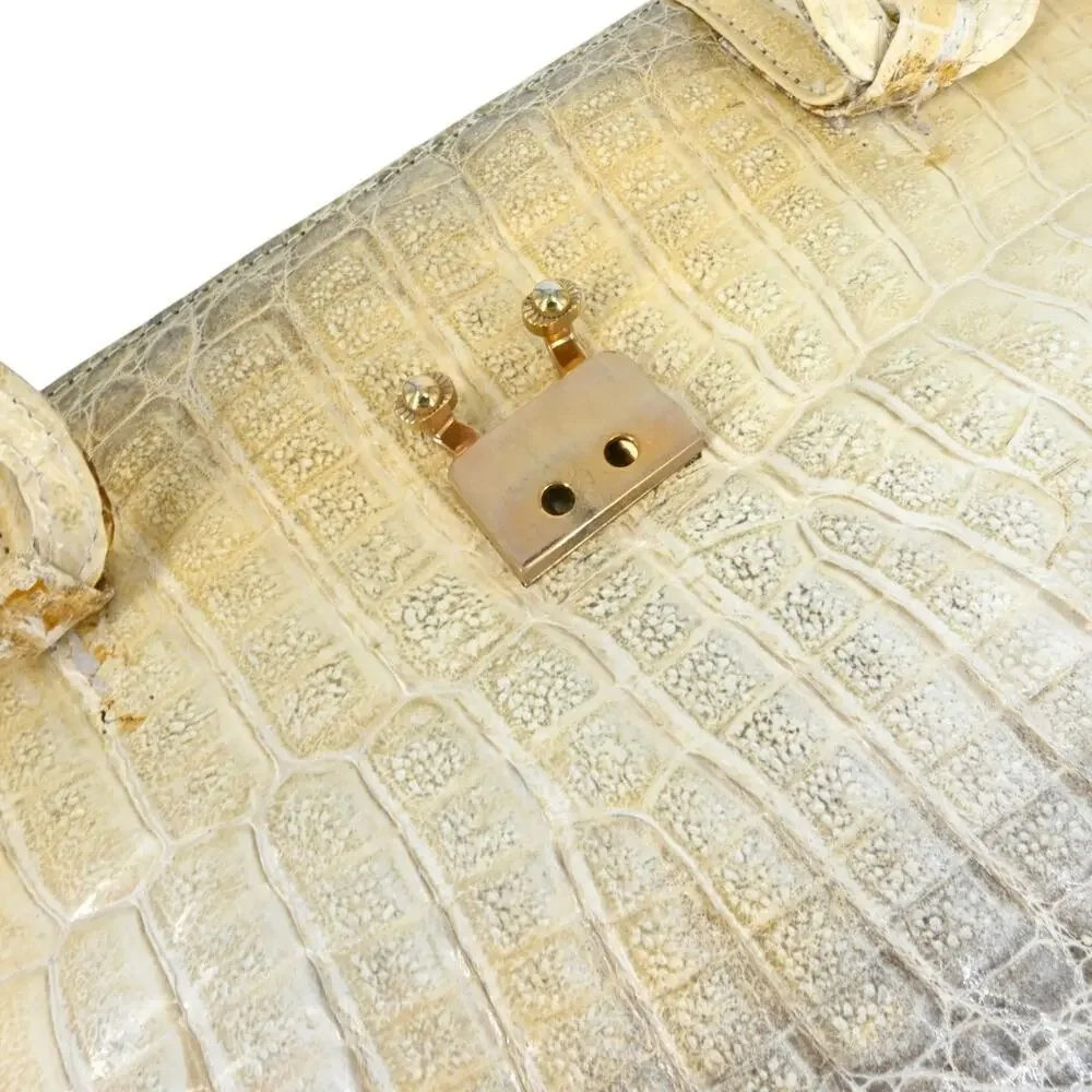 Beige Croc Leather Top Handle Bag